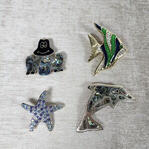 Fish Ocean Animal Pin Brooch Lot of 4 Frog Starfish Dolphin Abalone Rhinestone
